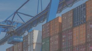 Shipping container stacks in front of crane